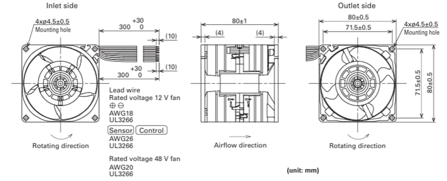 Mechanical Drawing - Sanyo Denki San Ace 80x80x80 9CRHA Counter Rotating DC Fans
